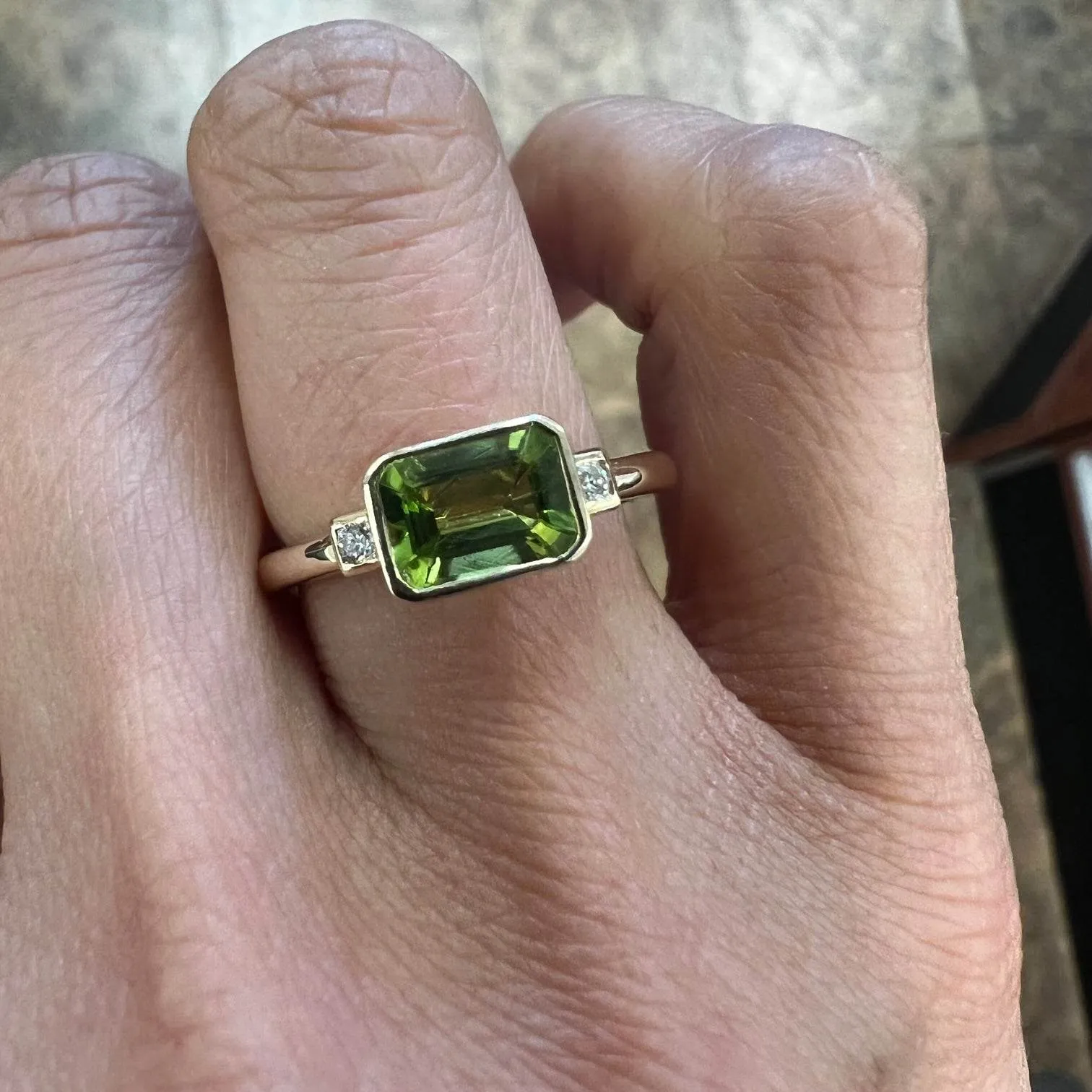 14K Yellow Gold Diamond And Peridot Minimal Ring