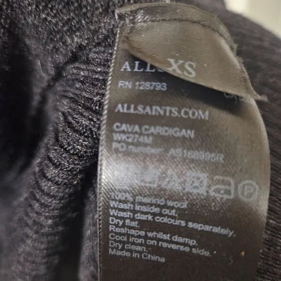 All Saints Cava Cardigan Merino Wool Women's XS Charcoal Fine Knit