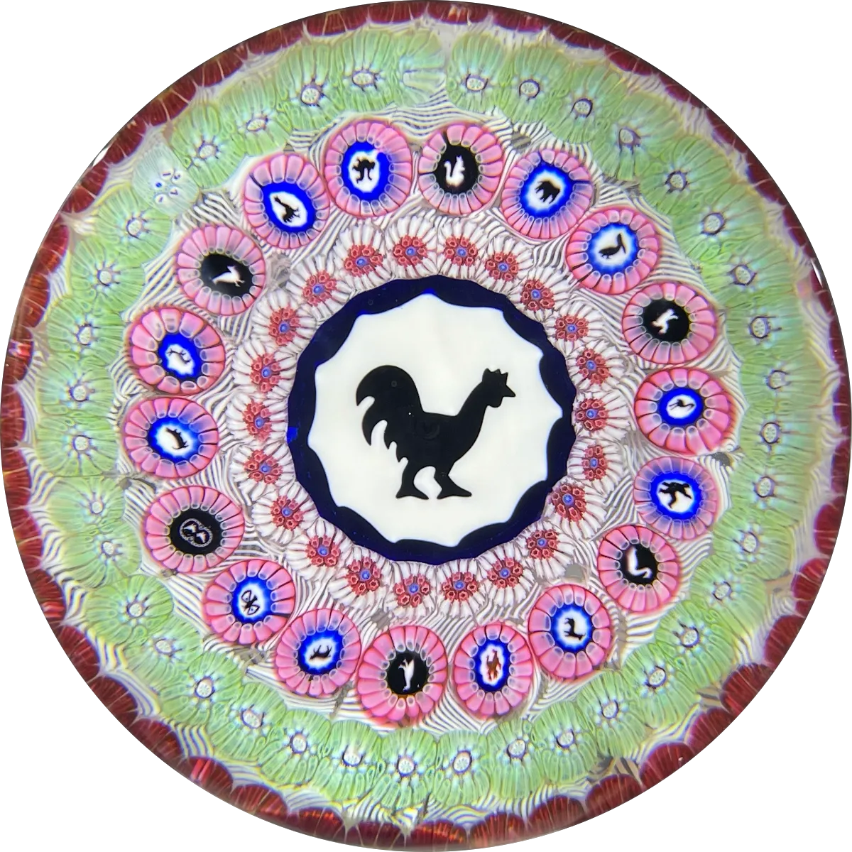 Baccarat 1971 LE Coq Noir Concentric Complex Millefiori & Silhouette Murrine with Large Rooster Gridel Cane