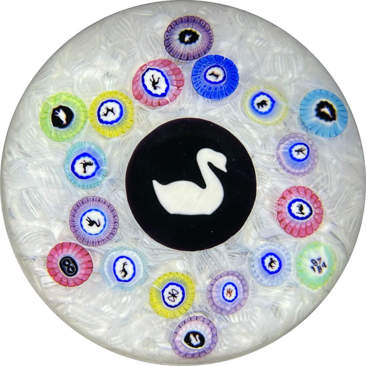 Baccarat 1974 Art Glass Paperweight Gridel Silhouette Millefiori Swan with Complex Millefiori