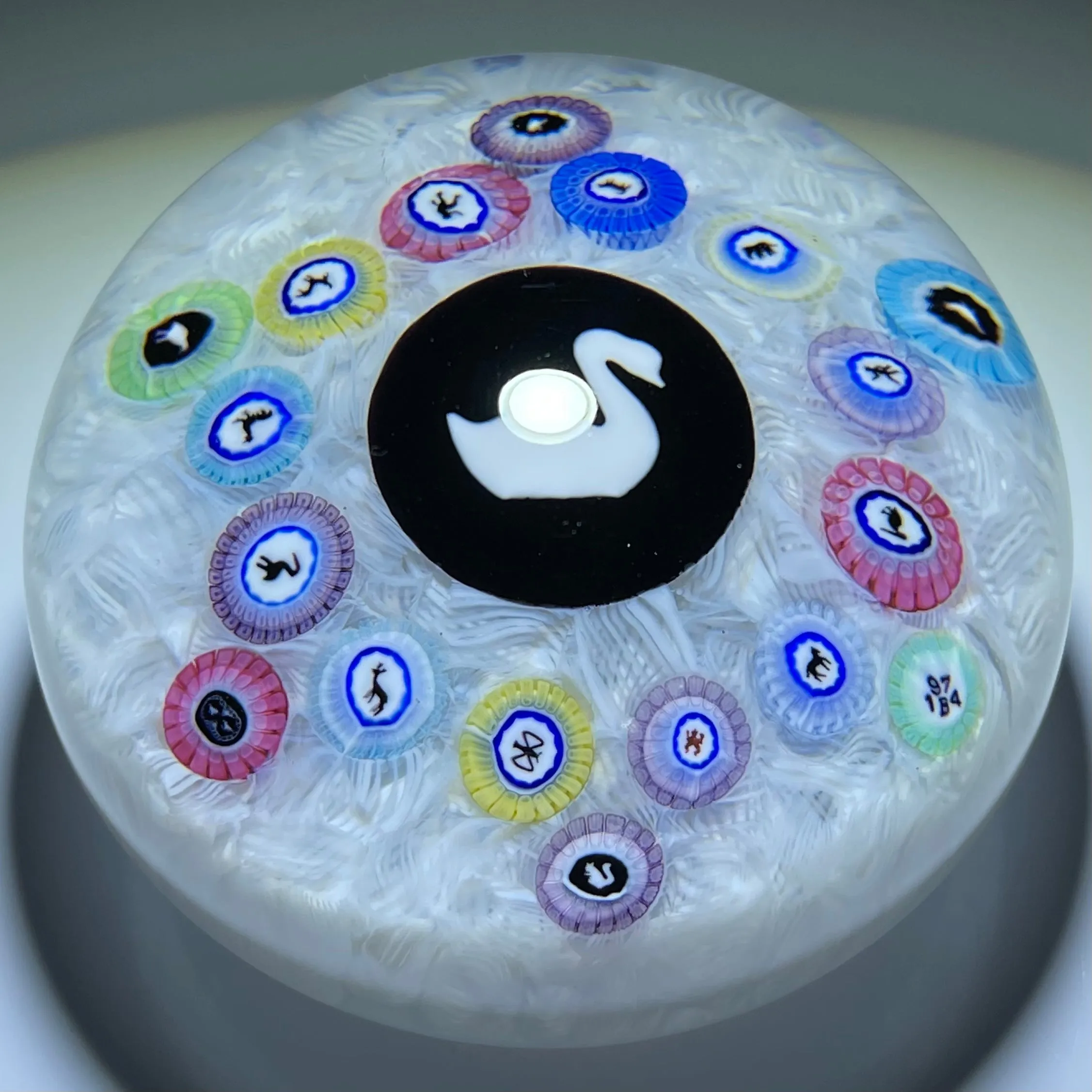 Baccarat 1974 Art Glass Paperweight Gridel Silhouette Millefiori Swan with Complex Millefiori