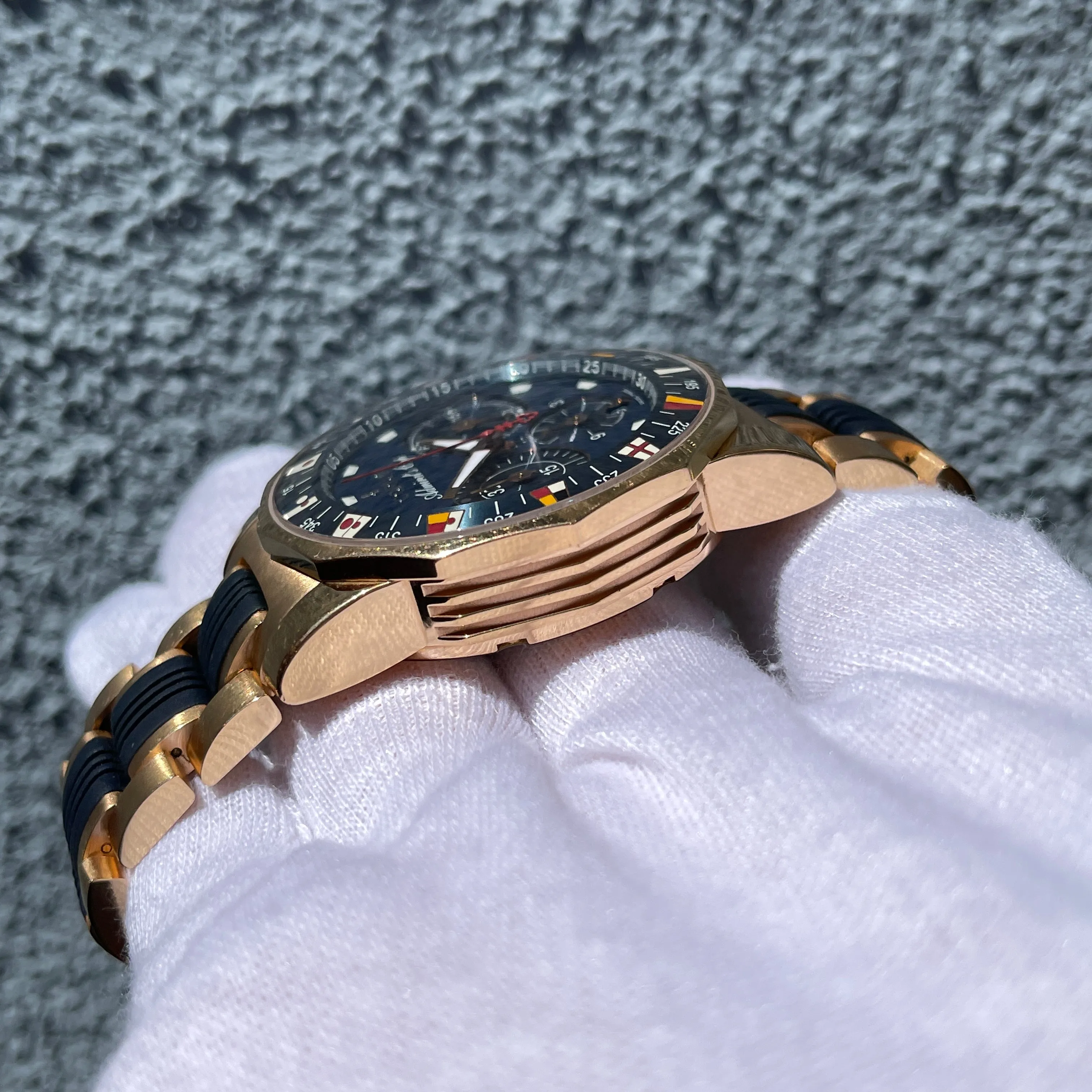 Corum Admiral's Cup Chronograph 44mm 18K Rose Gold Rubber Bracelet Blue Dial 985.673.55