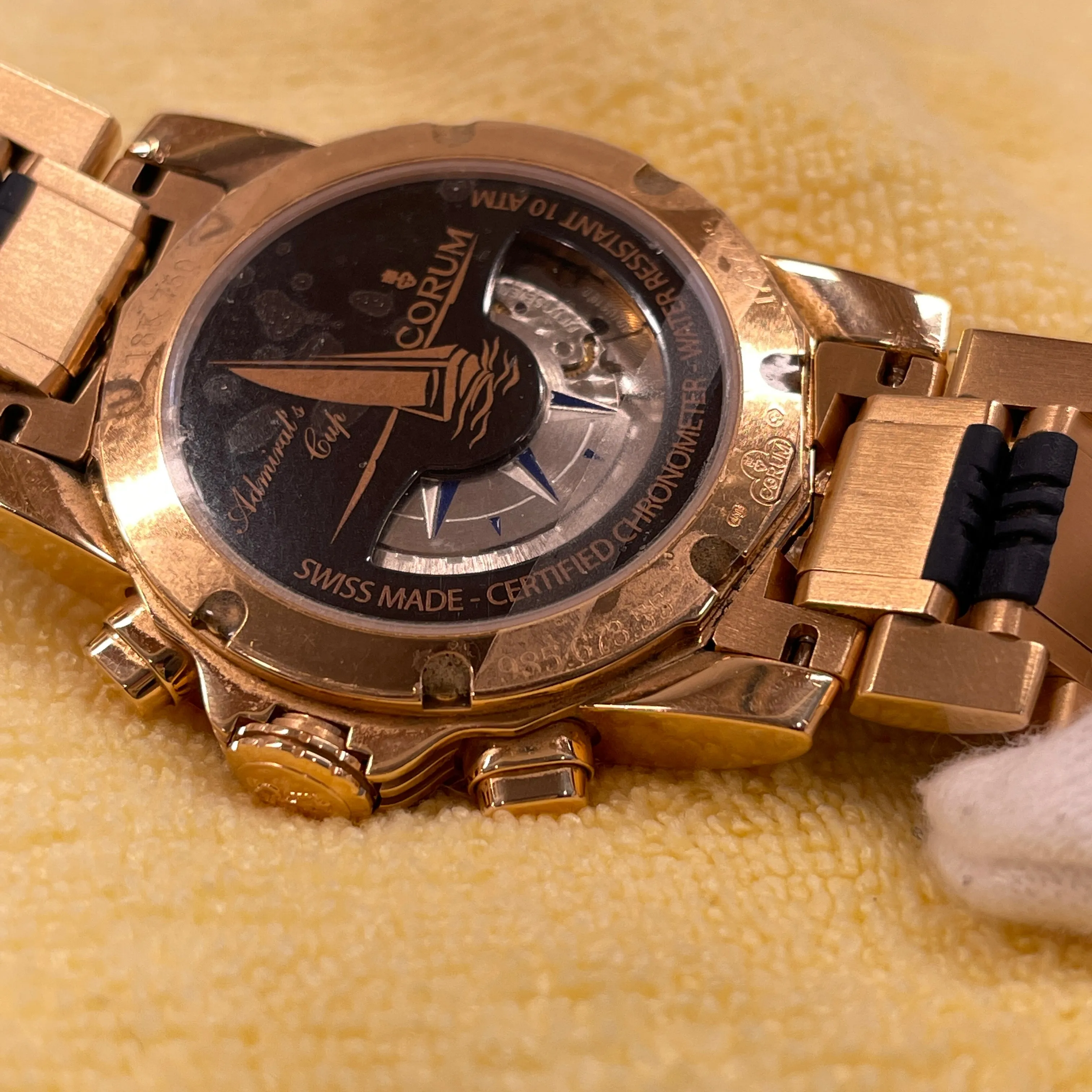 Corum Admiral's Cup Chronograph 44mm 18K Rose Gold Rubber Bracelet Blue Dial 985.673.55