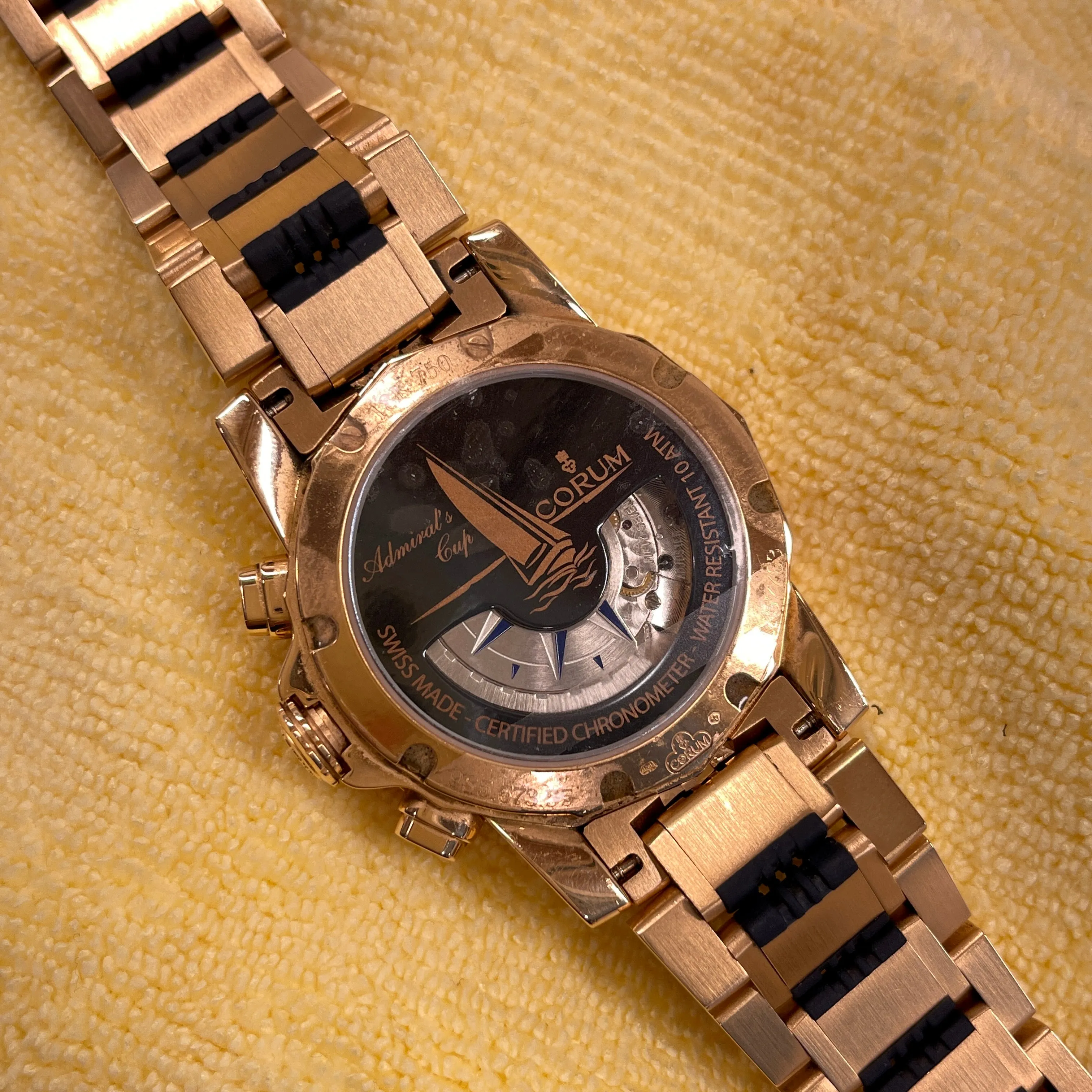 Corum Admiral's Cup Chronograph 44mm 18K Rose Gold Rubber Bracelet Blue Dial 985.673.55