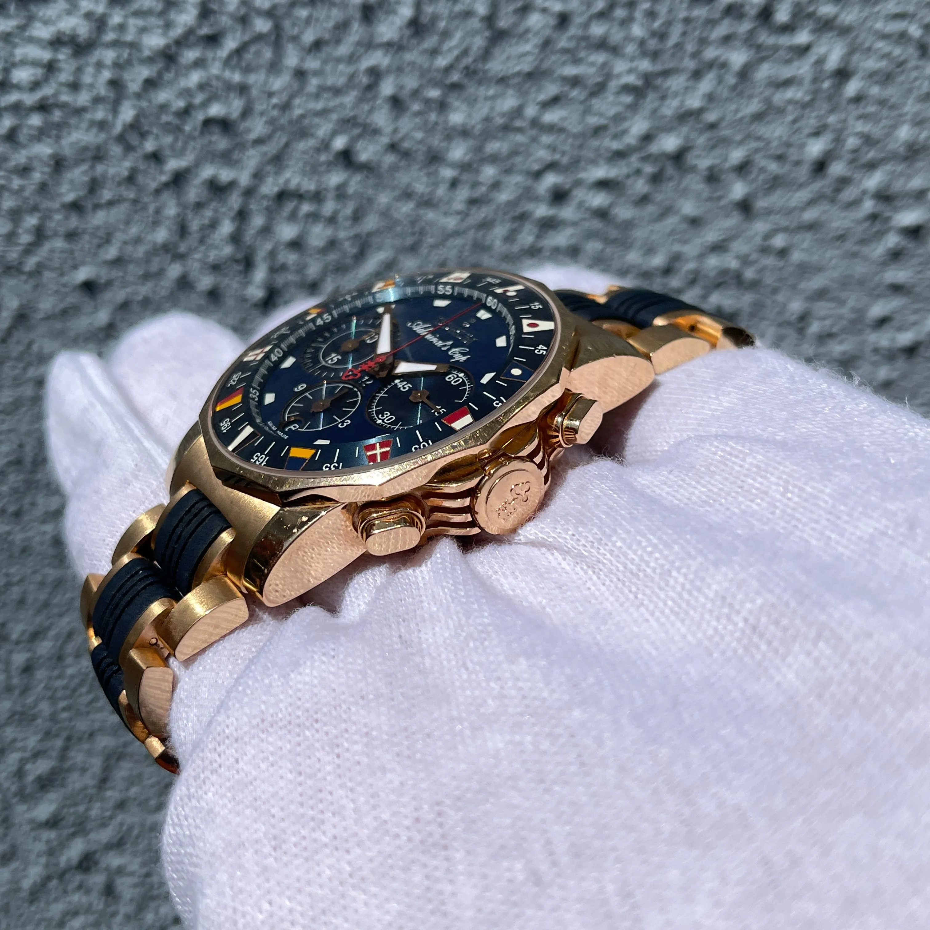 Corum Admiral's Cup Chronograph 44mm 18K Rose Gold Rubber Bracelet Blue Dial 985.673.55