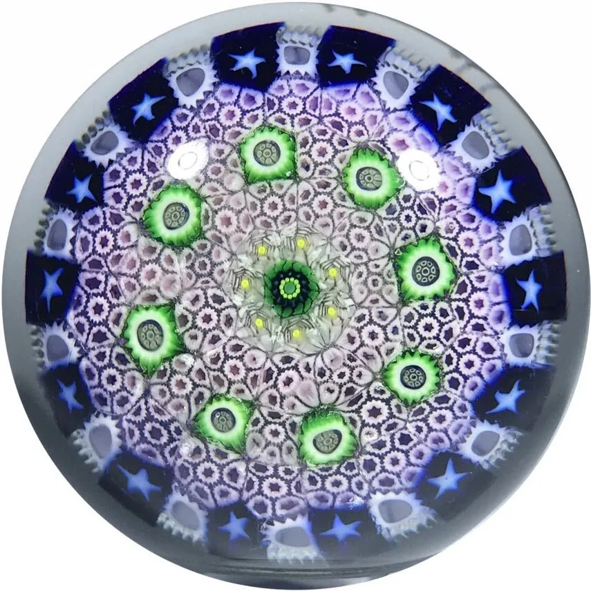 Drew Ebelhare 1996 Art Glass Paperweight Concentric Millefiori w/ Rose Canes in Stave Basket