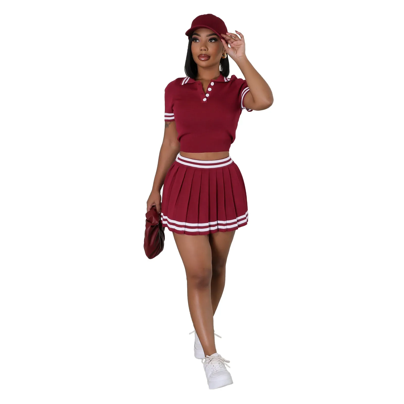 Elegant Contrast Trim Polo Shirt and Pleated Skirt Two-Piece Set