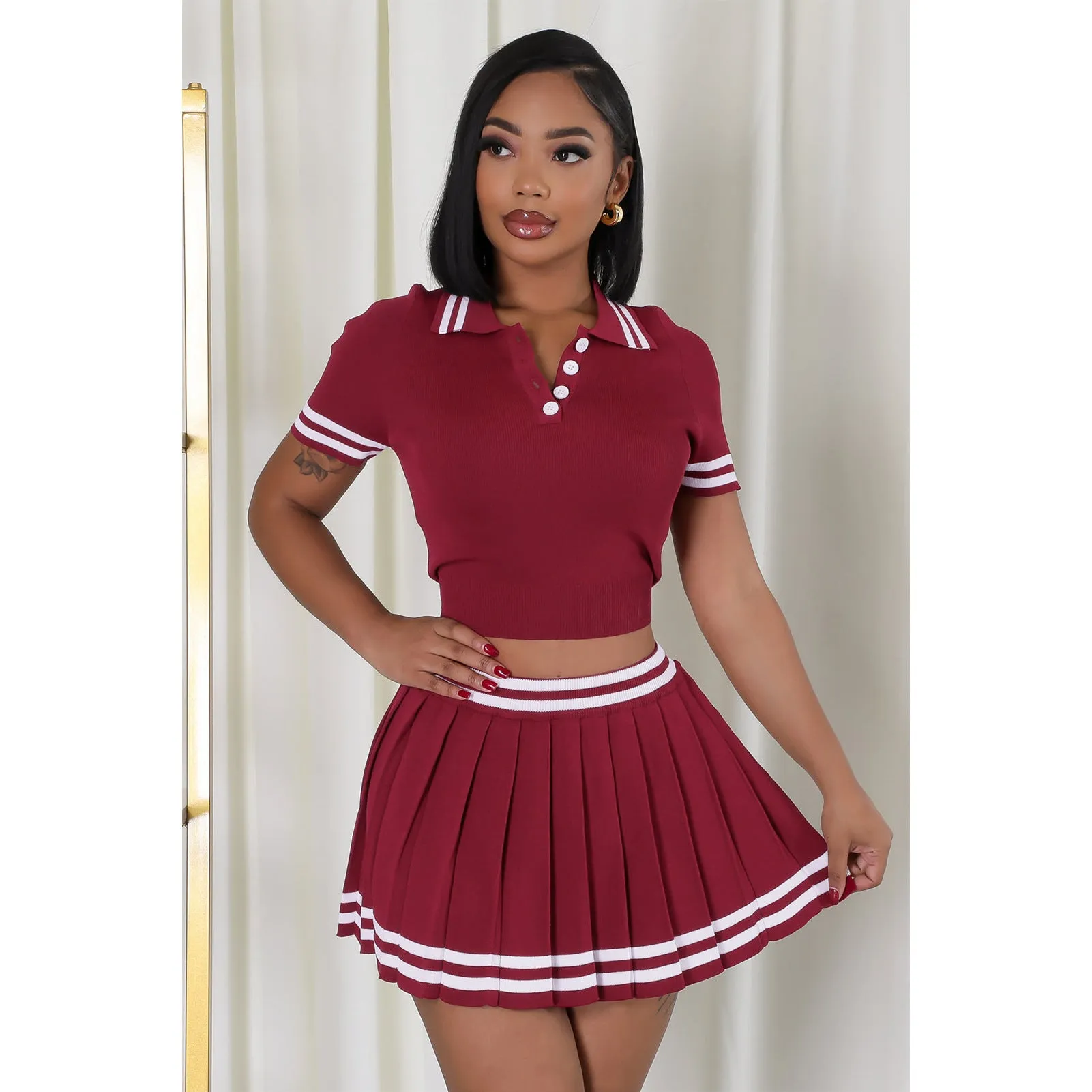 Elegant Contrast Trim Polo Shirt and Pleated Skirt Two-Piece Set