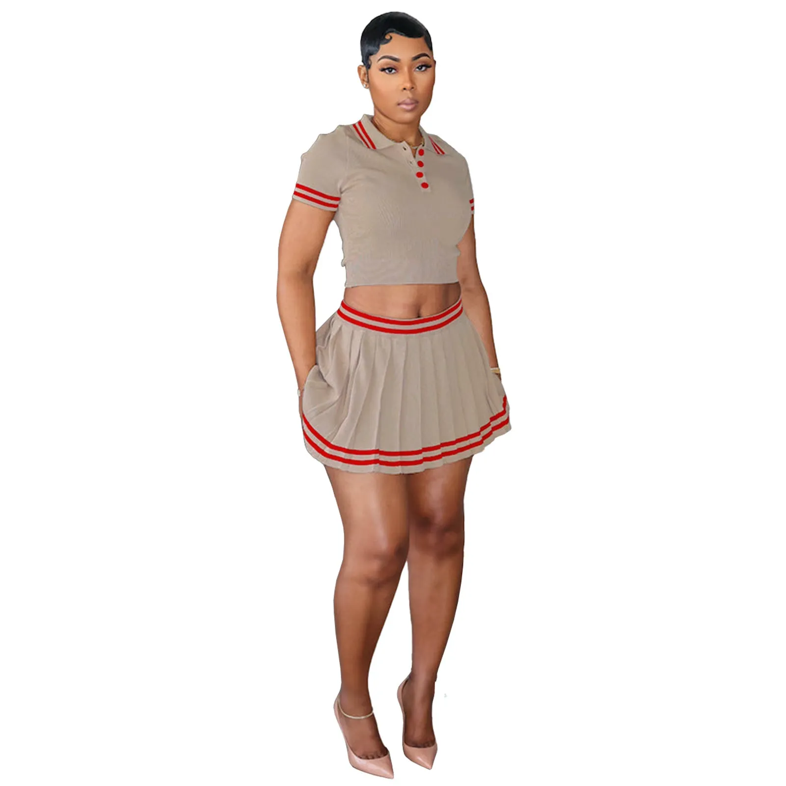 Elegant Contrast Trim Polo Shirt and Pleated Skirt Two-Piece Set