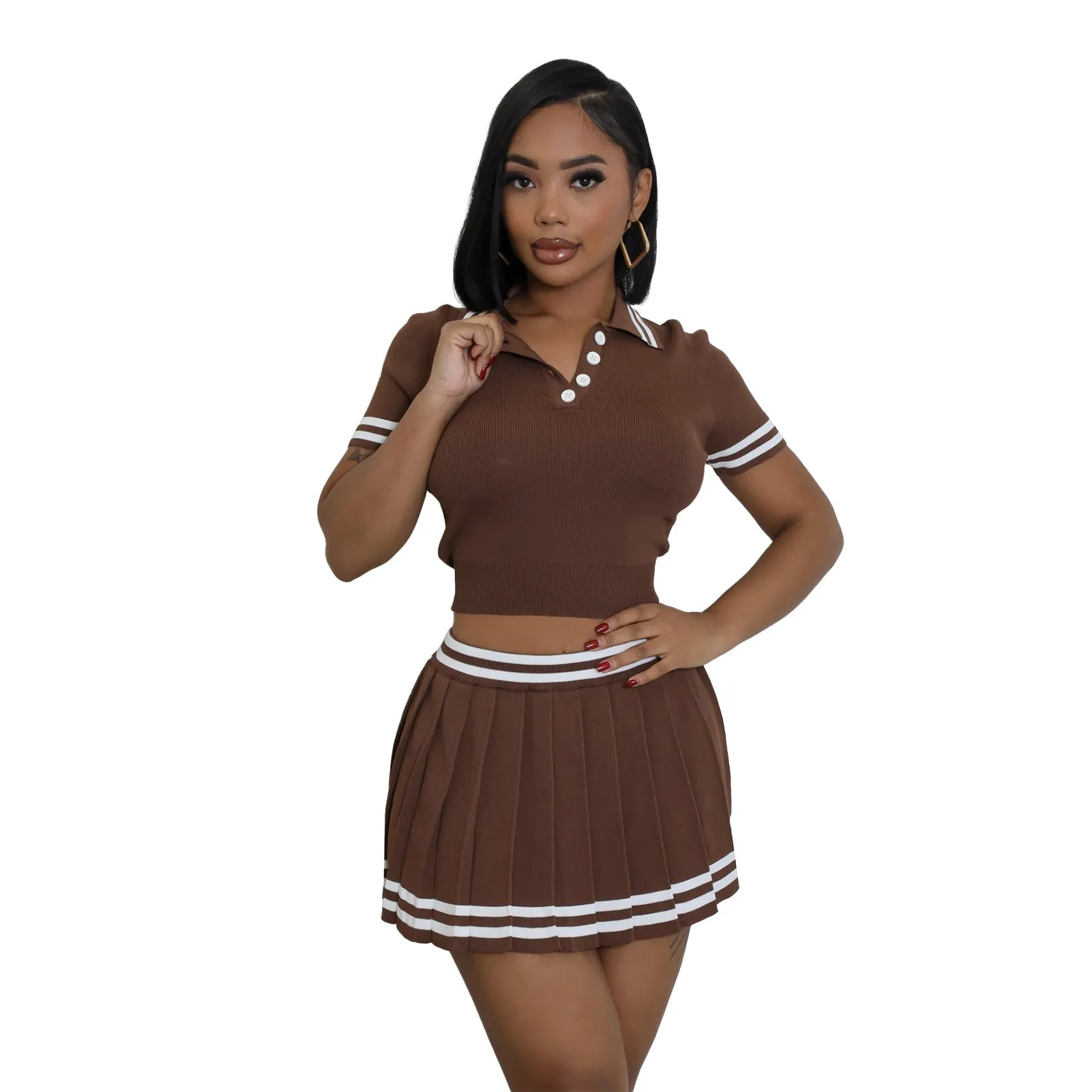 Elegant Contrast Trim Polo Shirt and Pleated Skirt Two-Piece Set
