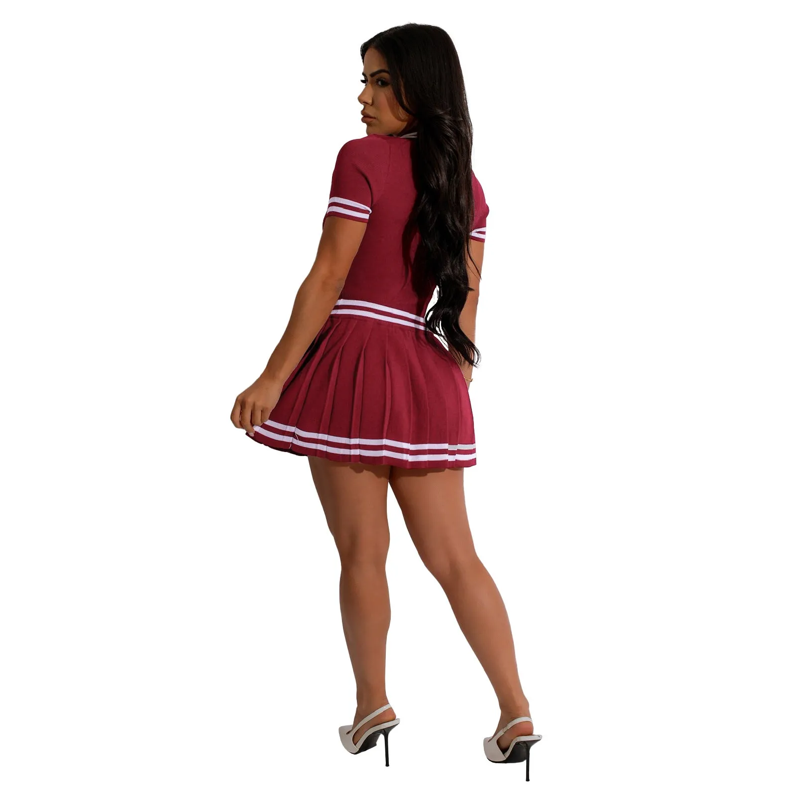 Elegant Contrast Trim Polo Shirt and Pleated Skirt Two-Piece Set