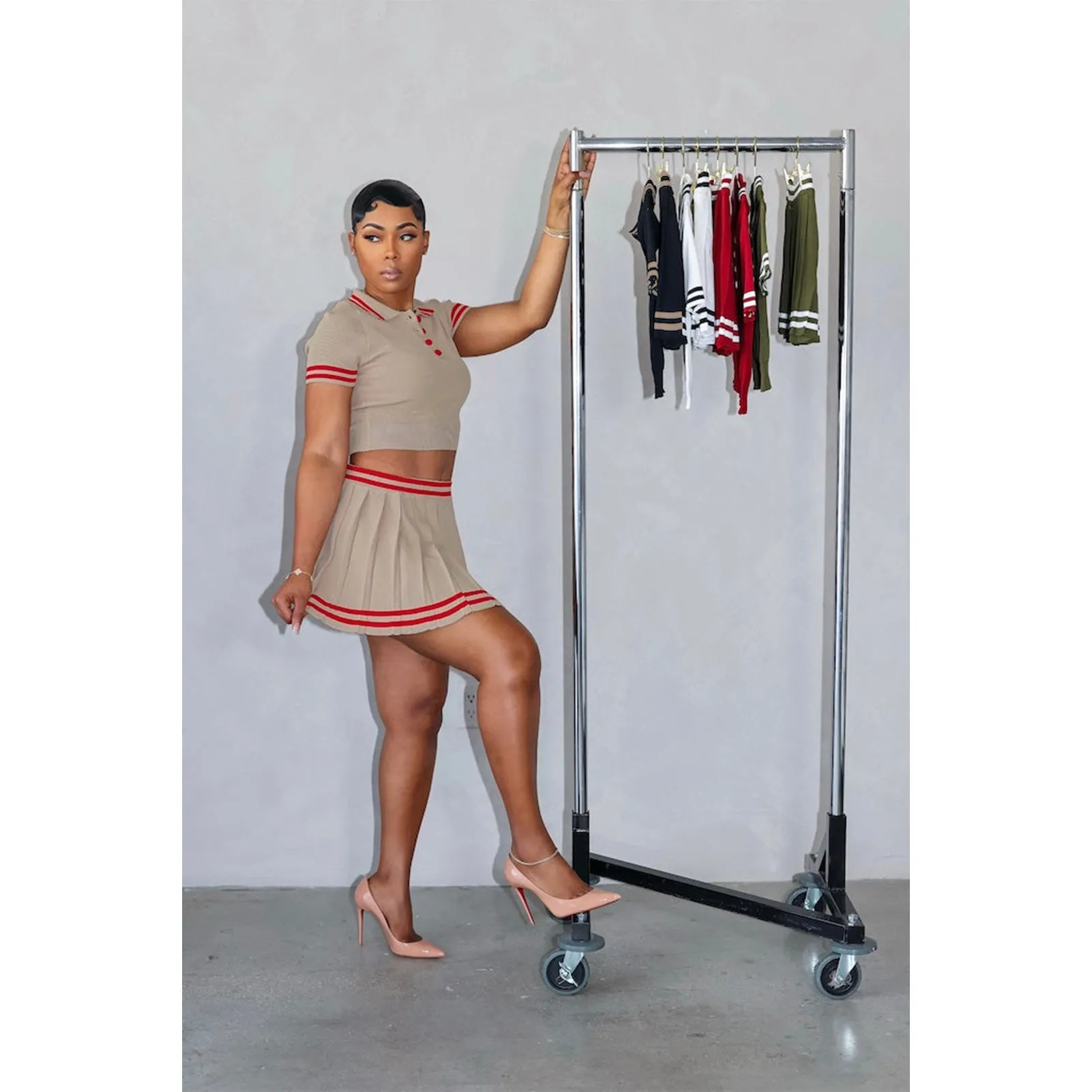 Elegant Contrast Trim Polo Shirt and Pleated Skirt Two-Piece Set