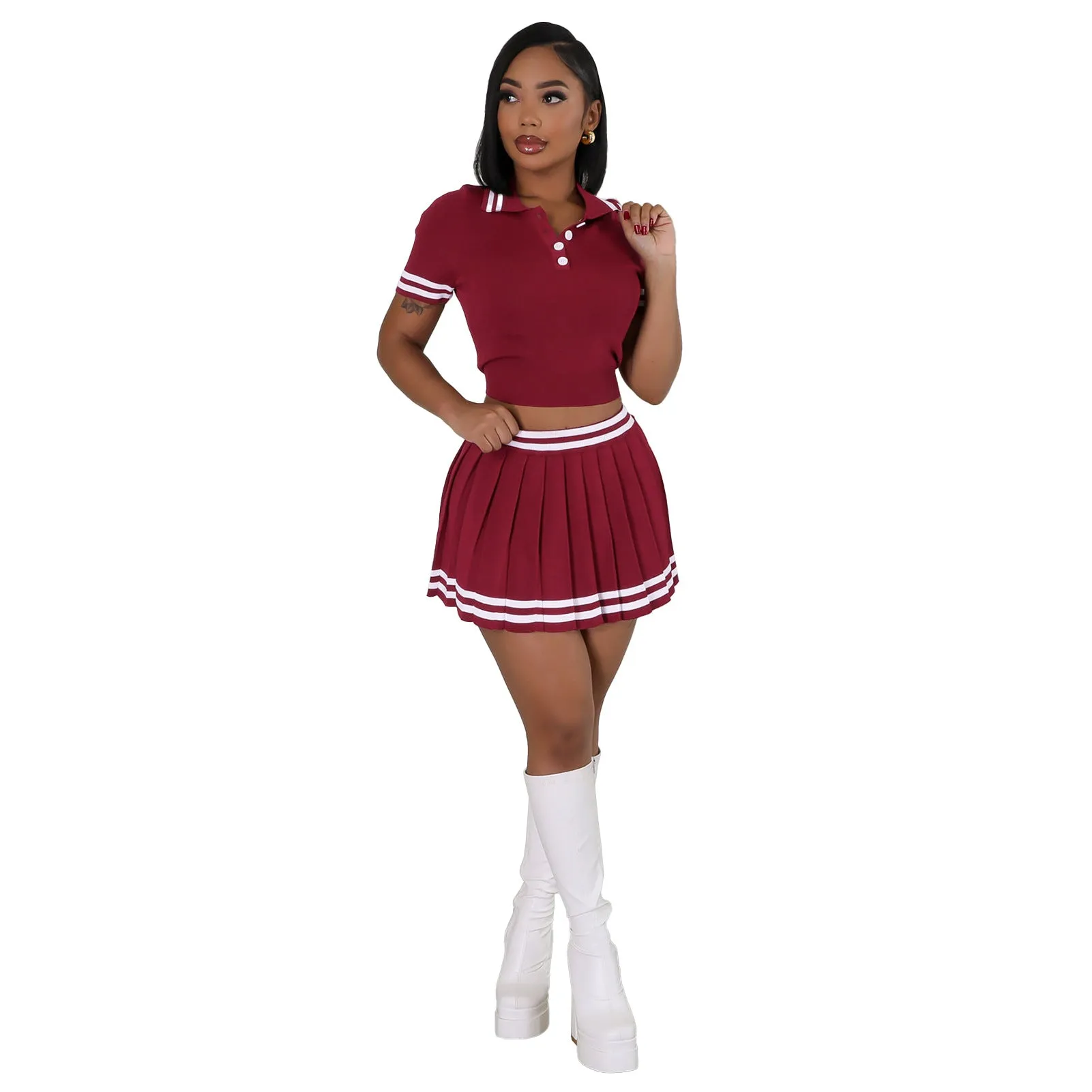 Elegant Contrast Trim Polo Shirt and Pleated Skirt Two-Piece Set