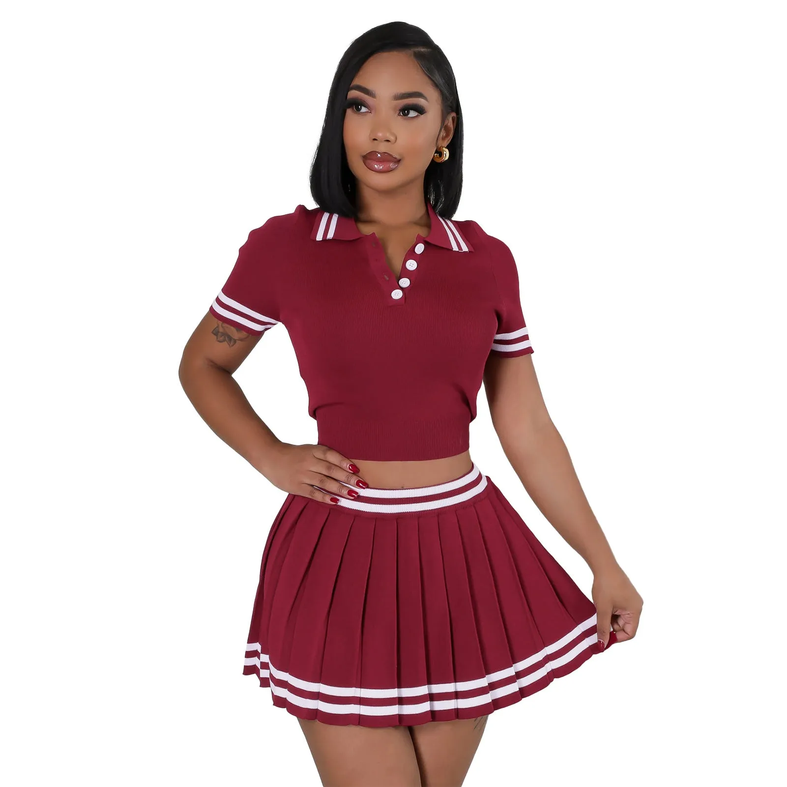 Elegant Contrast Trim Polo Shirt and Pleated Skirt Two-Piece Set