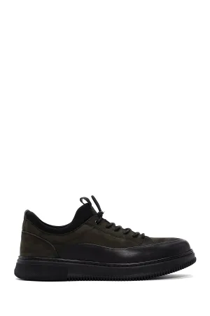 Erkek Haki Bağcıklı Nubuk Deri Casual Sneaker