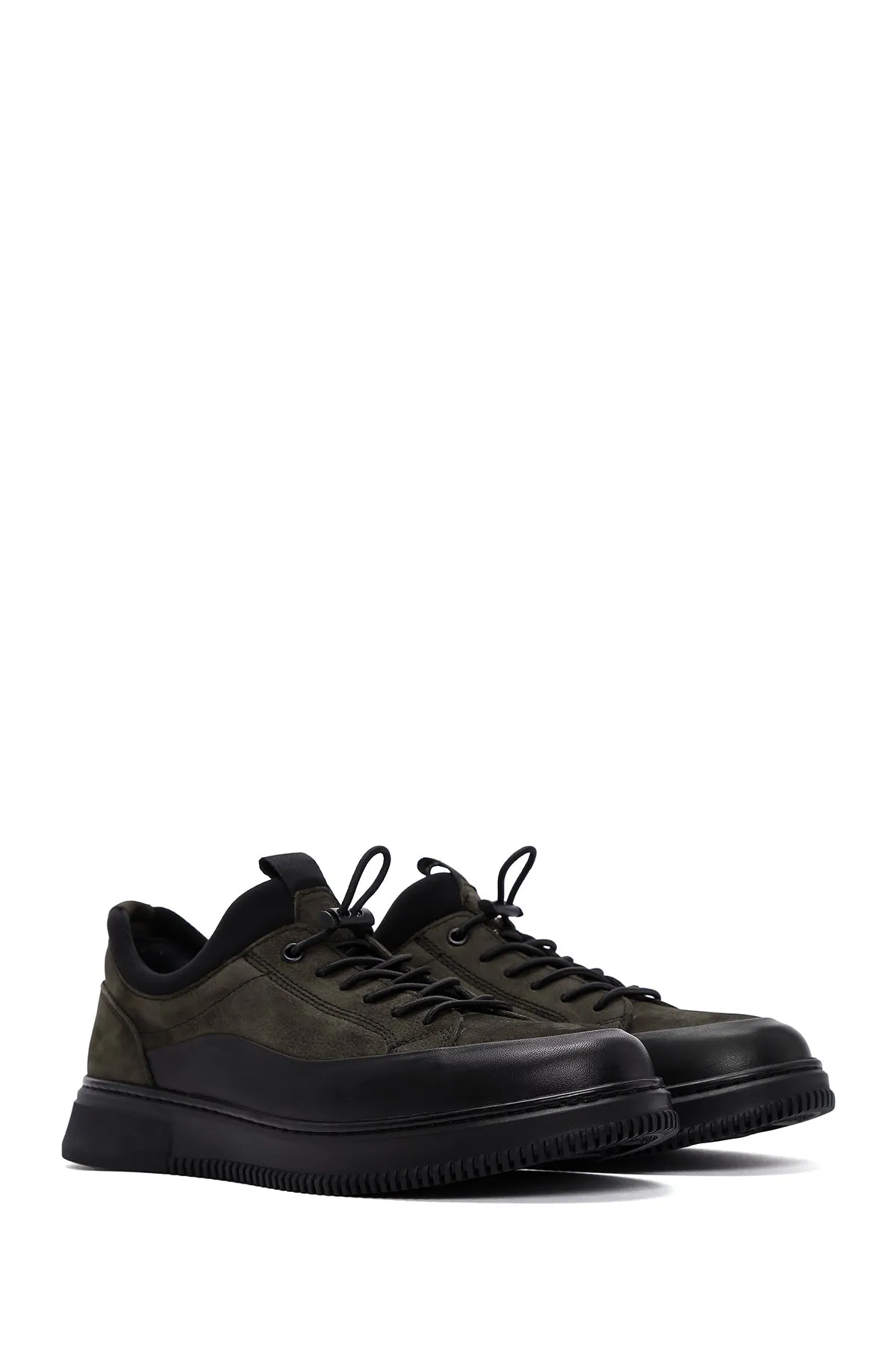 Erkek Haki Bağcıklı Nubuk Deri Casual Sneaker