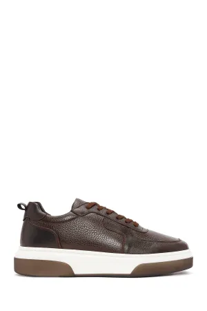 Erkek Kahverengi Bağcıklı Kalın Tabanlı Deri Sneaker