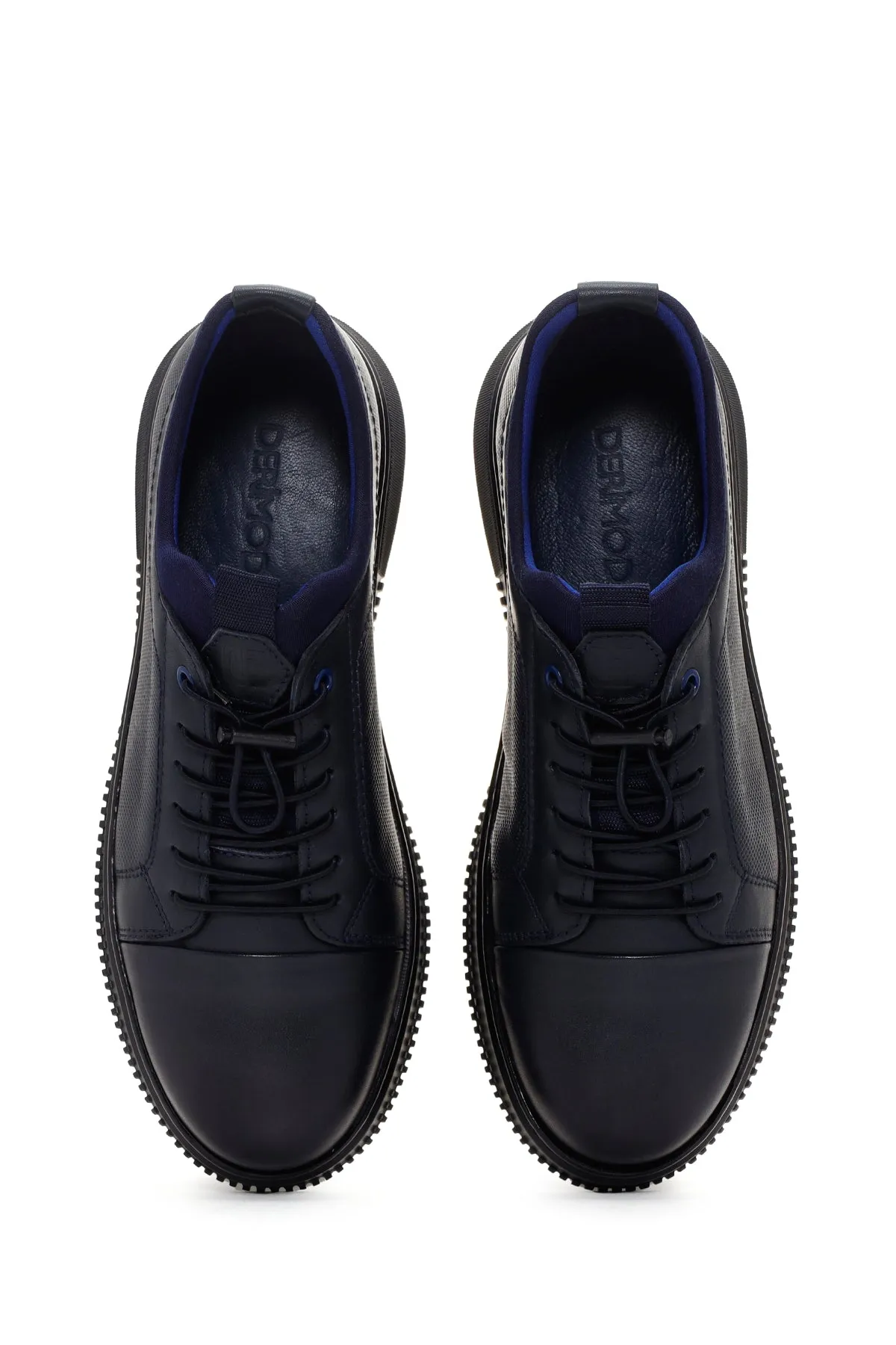 Erkek Lacivert Bağcıklı Deri Sneaker