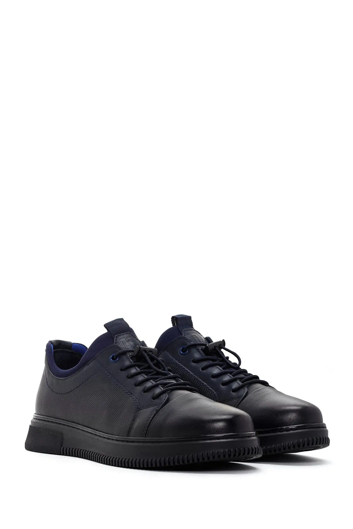Erkek Lacivert Bağcıklı Deri Sneaker