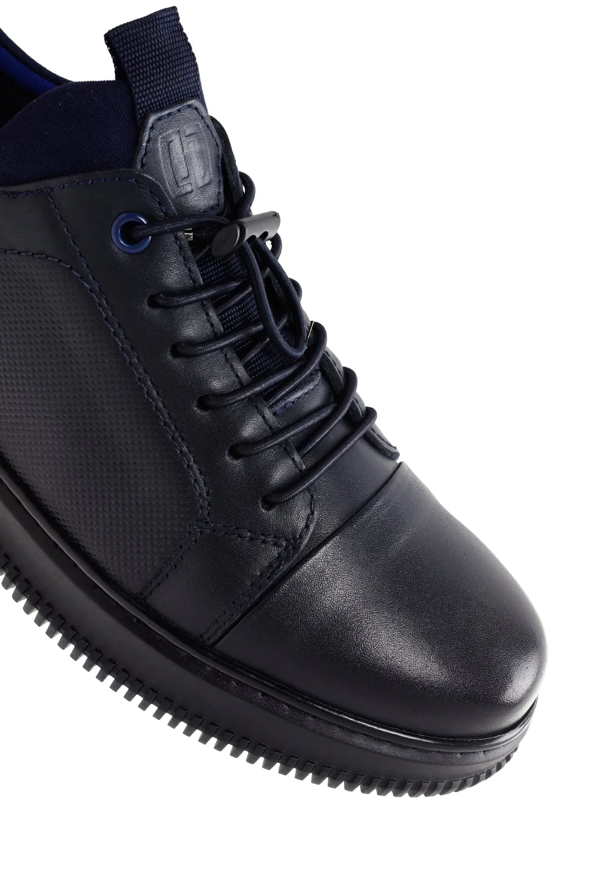 Erkek Lacivert Bağcıklı Deri Sneaker