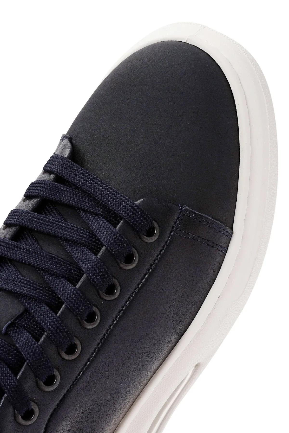 Erkek Lacivert Bağcıklı Kalın Tabanlı Deri Sneaker