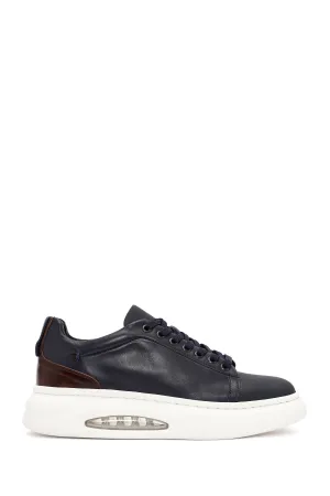 Erkek Lacivert Bağcıklı Kalın Tabanlı Deri Sneaker