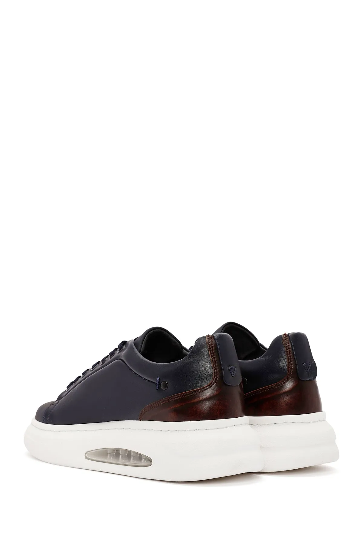 Erkek Lacivert Bağcıklı Kalın Tabanlı Deri Sneaker