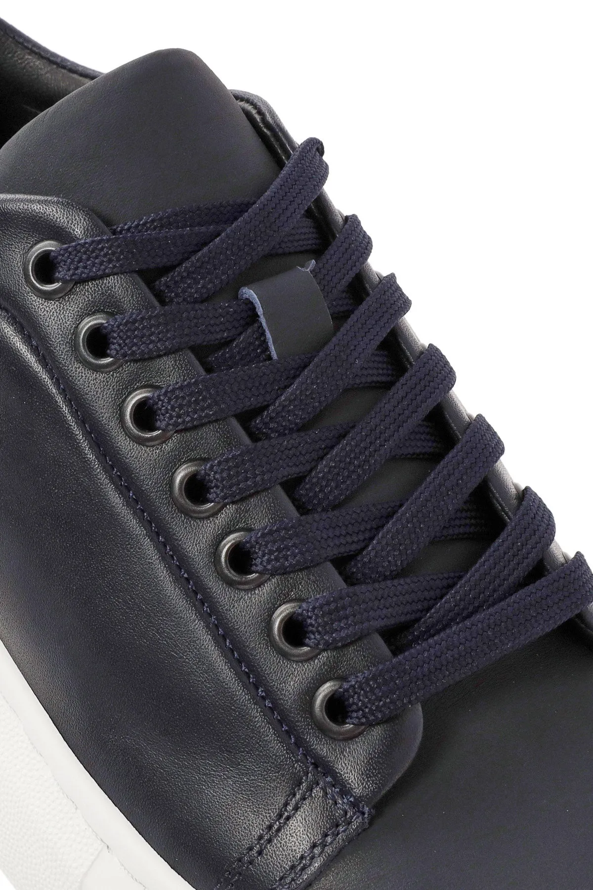 Erkek Lacivert Bağcıklı Kalın Tabanlı Deri Sneaker