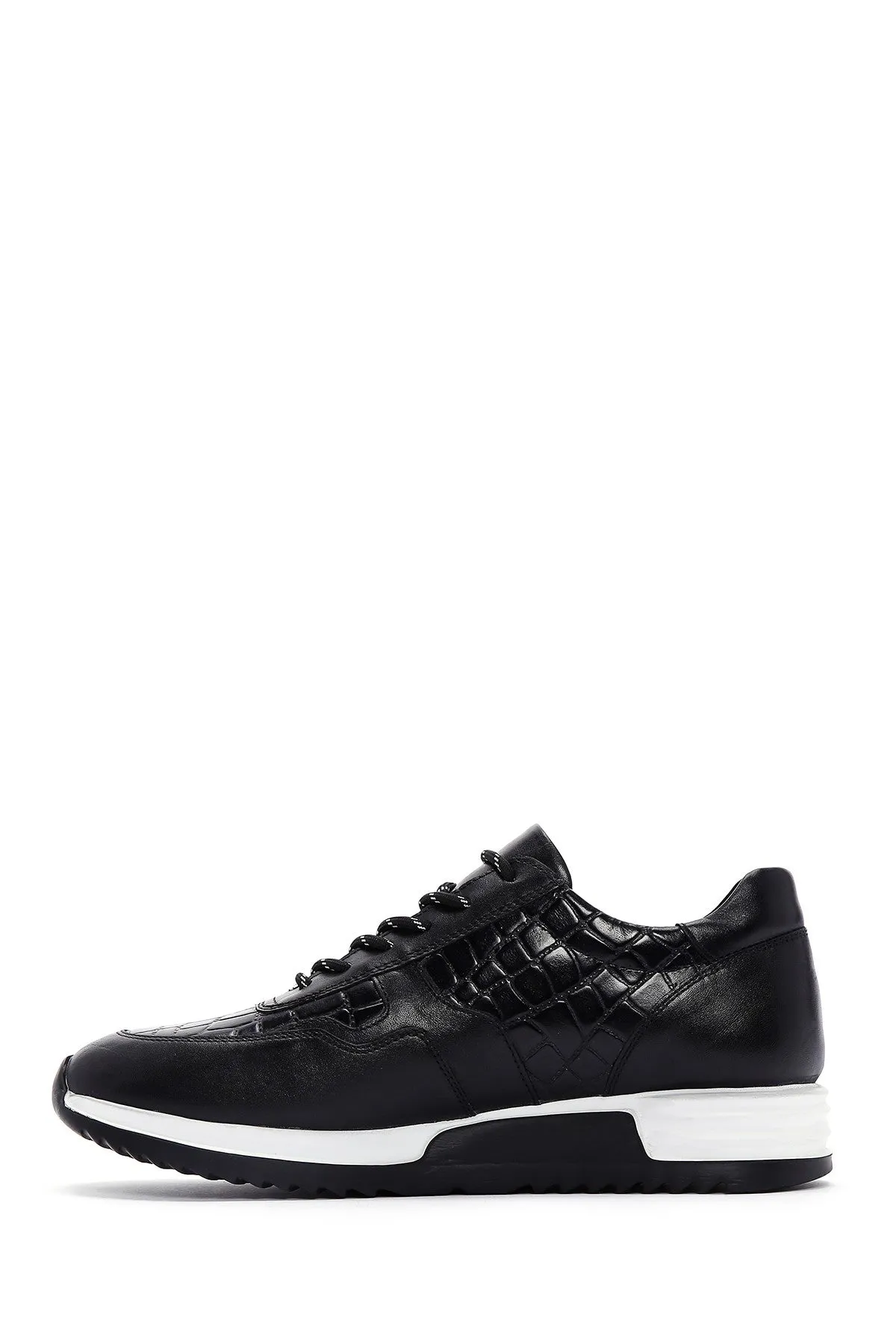 Erkek Siyah Bağcıklı Deri Casual Sneaker