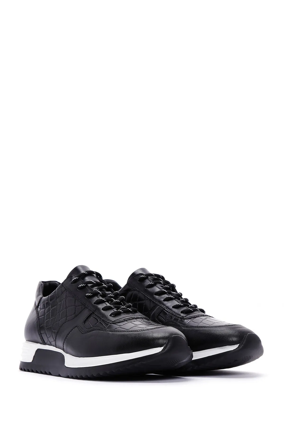 Erkek Siyah Bağcıklı Deri Casual Sneaker