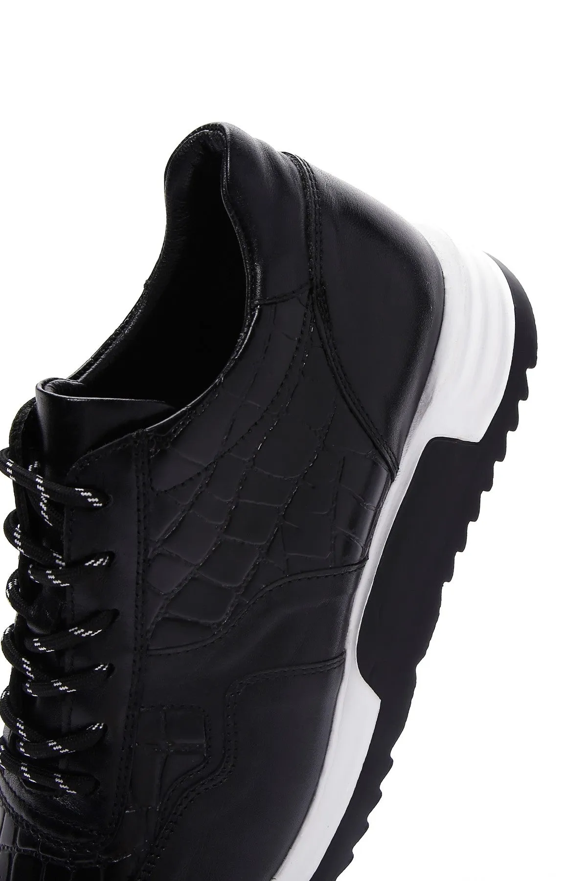 Erkek Siyah Bağcıklı Deri Casual Sneaker