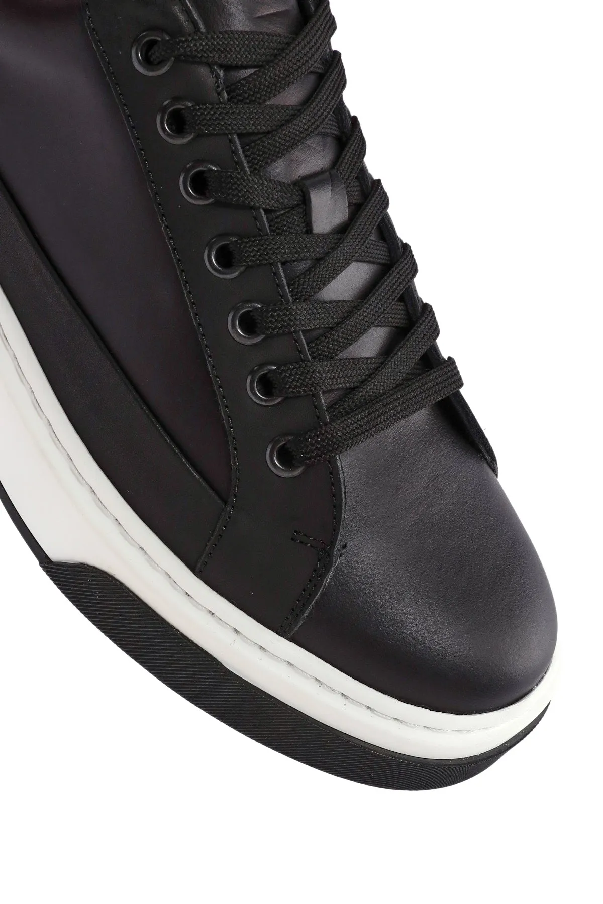 Erkek Siyah Bağcıklı Deri Sneaker