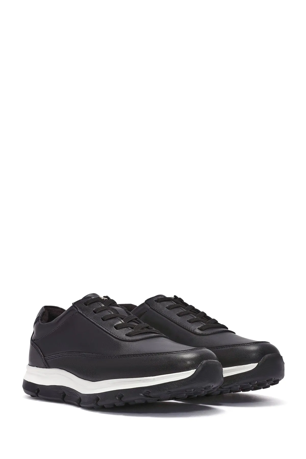Erkek Siyah Bağcıklı Kalın Tabanlı Deri Casual Sneaker