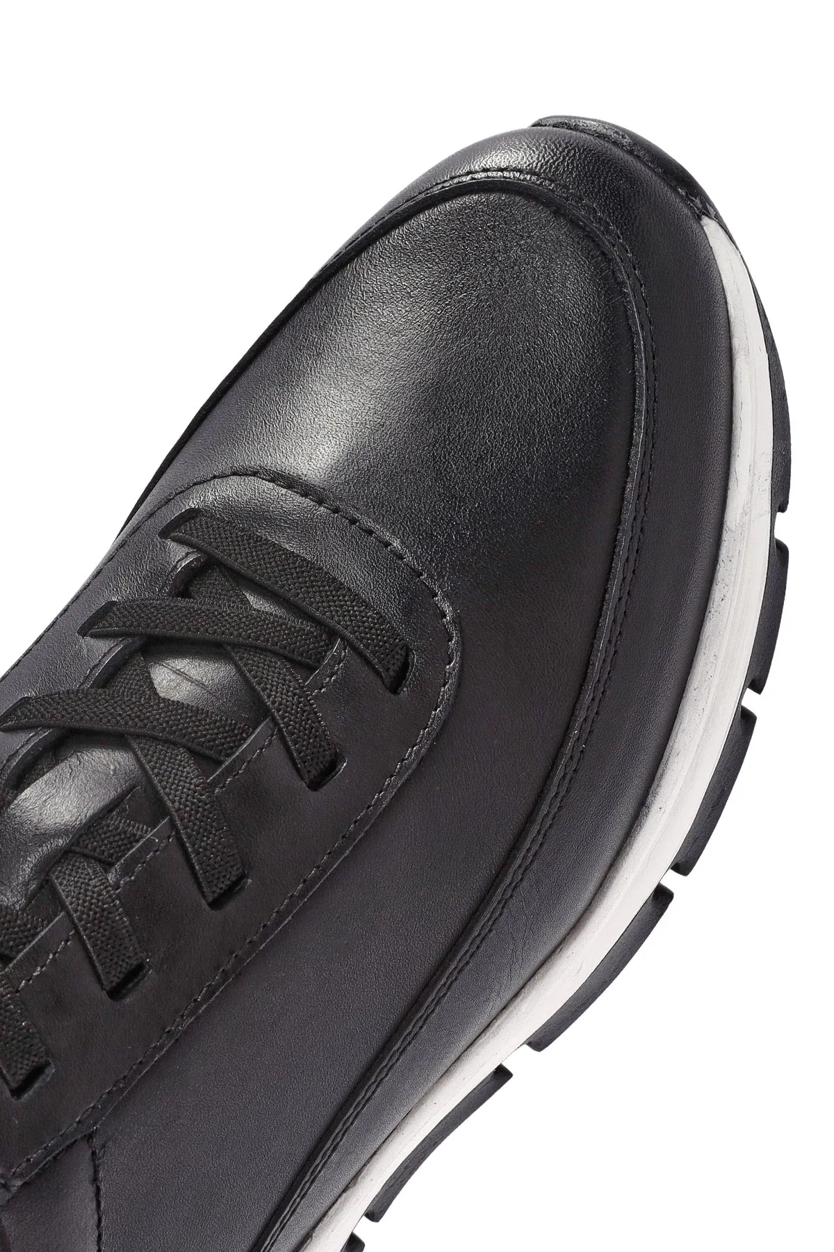 Erkek Siyah Bağcıklı Kalın Tabanlı Deri Casual Sneaker
