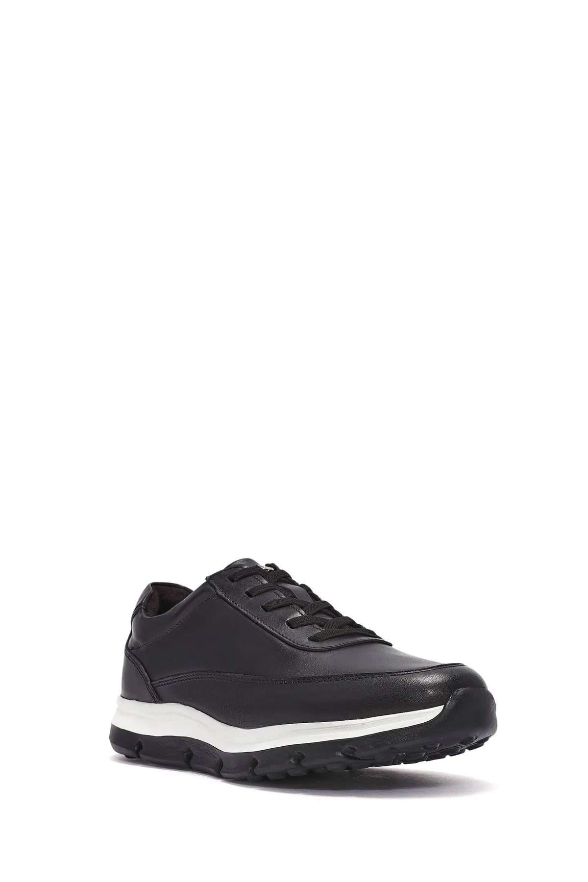 Erkek Siyah Bağcıklı Kalın Tabanlı Deri Casual Sneaker
