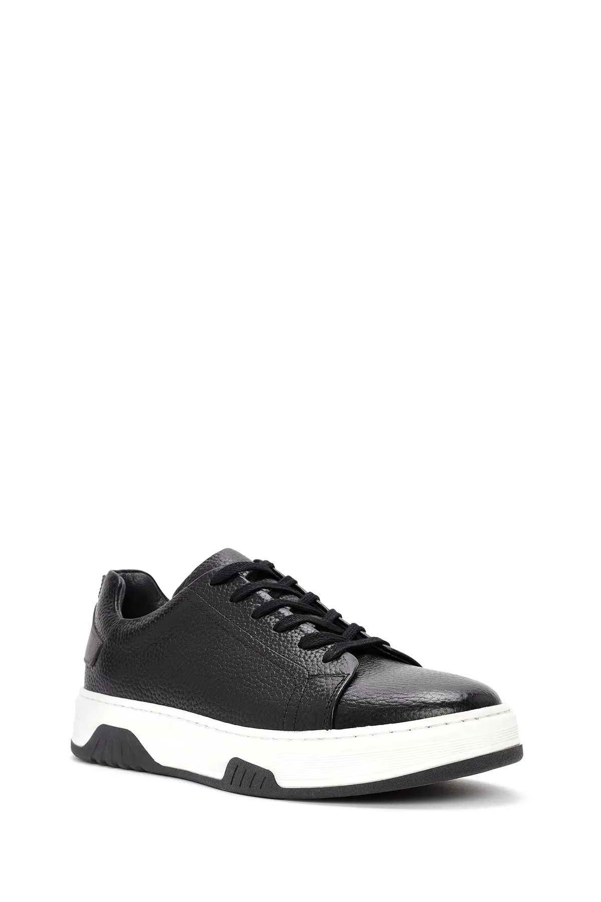 Erkek Siyah Bağcıklı Kalın Tabanlı Deri Sneaker