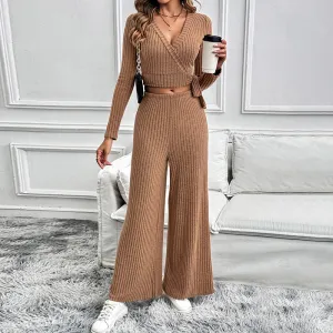 Fashionable Women's Autumn-Winter Long-Sleeve Set, Solid Color Textured Basic Versatile Lady's Two-Piece Set, Vertical Stripes Slim Fit Set.C-241010-2