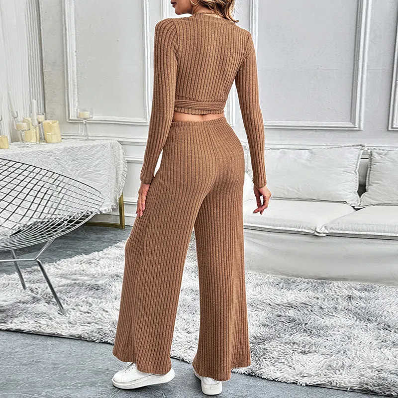 Fashionable Women's Autumn-Winter Long-Sleeve Set, Solid Color Textured Basic Versatile Lady's Two-Piece Set, Vertical Stripes Slim Fit Set.C-241010-2