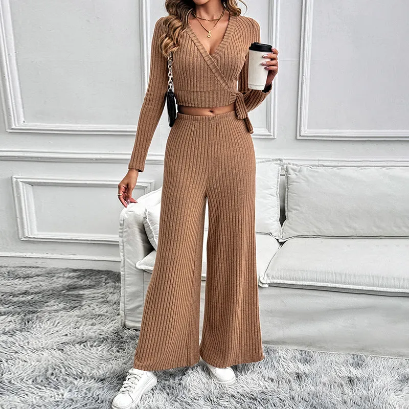 Fashionable Women's Autumn-Winter Long-Sleeve Set, Solid Color Textured Basic Versatile Lady's Two-Piece Set, Vertical Stripes Slim Fit Set.C-241010-2