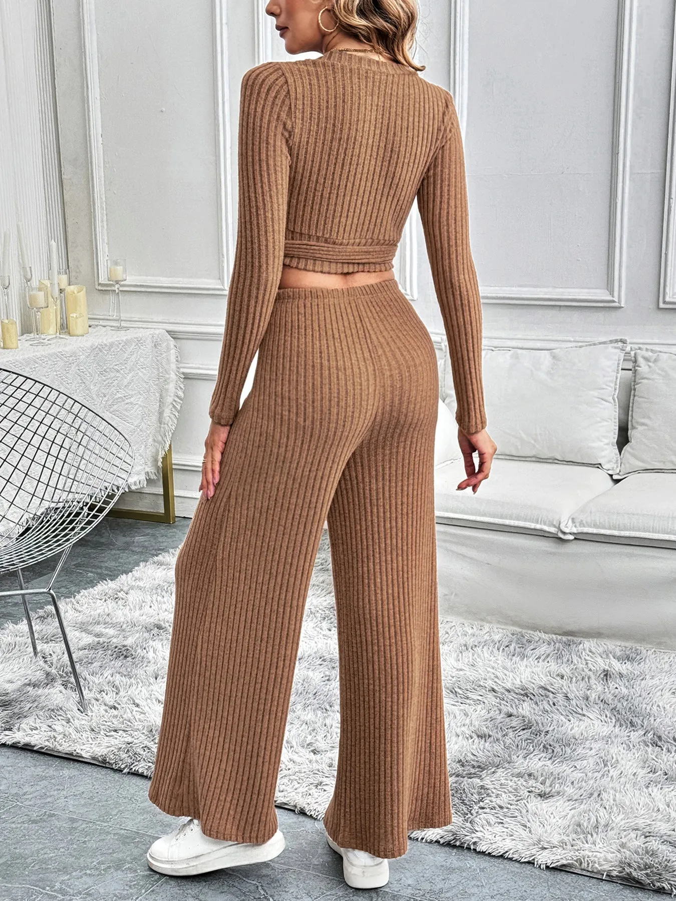 Fashionable Women's Autumn-Winter Long-Sleeve Set, Solid Color Textured Basic Versatile Lady's Two-Piece Set, Vertical Stripes Slim Fit Set.C-241010-2