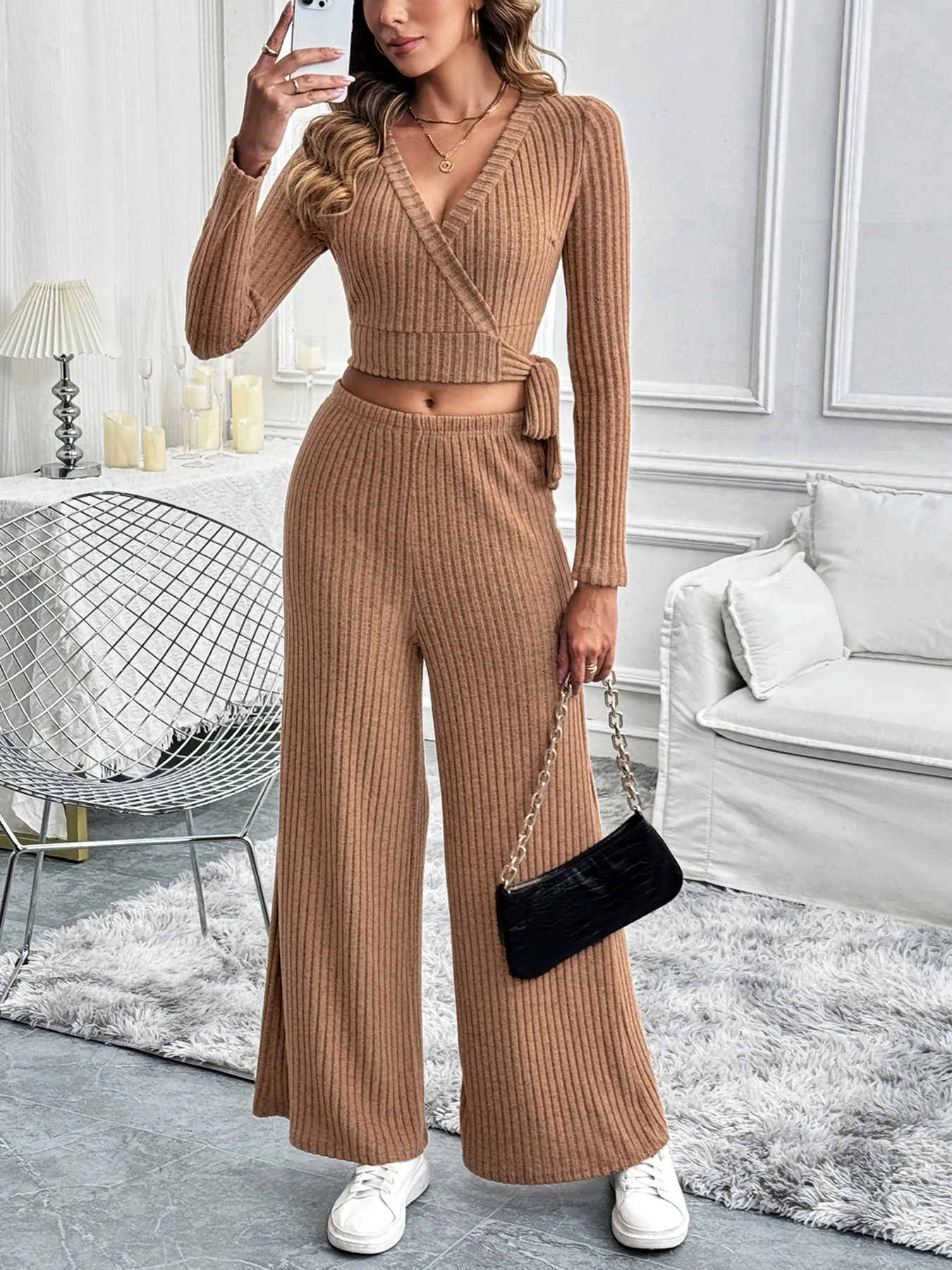 Fashionable Women's Autumn-Winter Long-Sleeve Set, Solid Color Textured Basic Versatile Lady's Two-Piece Set, Vertical Stripes Slim Fit Set.C-241010-2