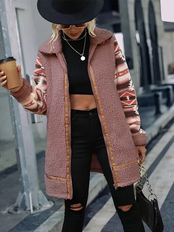 Grainy Lapel Colorblock Zipper Plush Coat