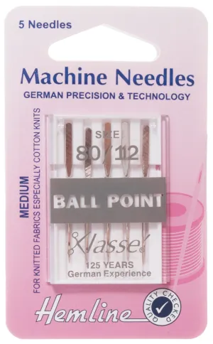 Hemline Ball Point Sewing Machine Needles Medium - 80 /12