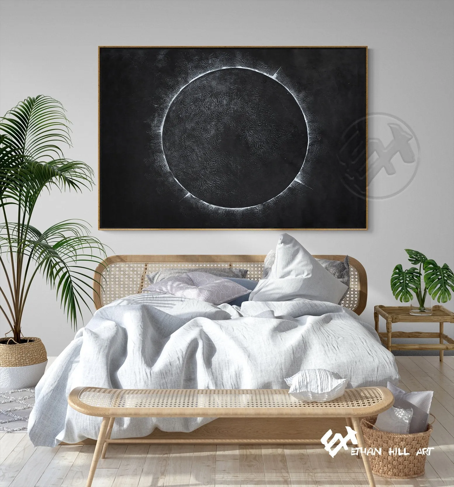 Horizontal Minimalist solar eclipse painting H13H