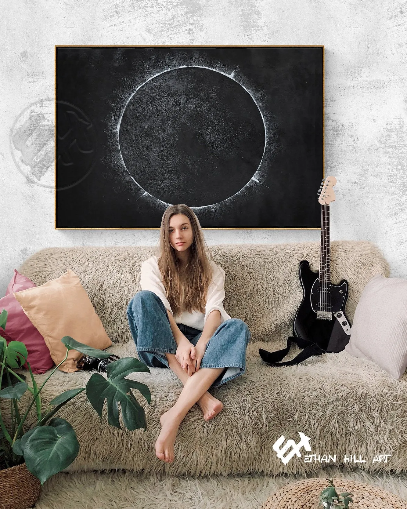 Horizontal Minimalist solar eclipse painting H13H