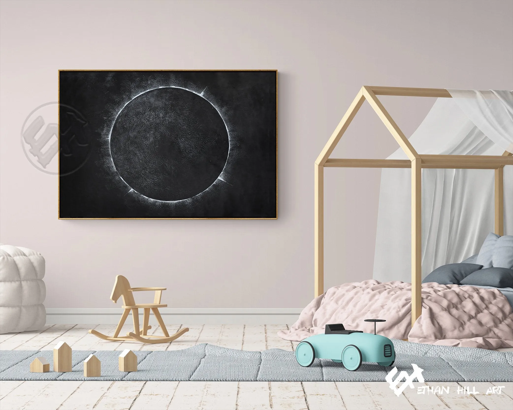 Horizontal Minimalist solar eclipse painting H13H
