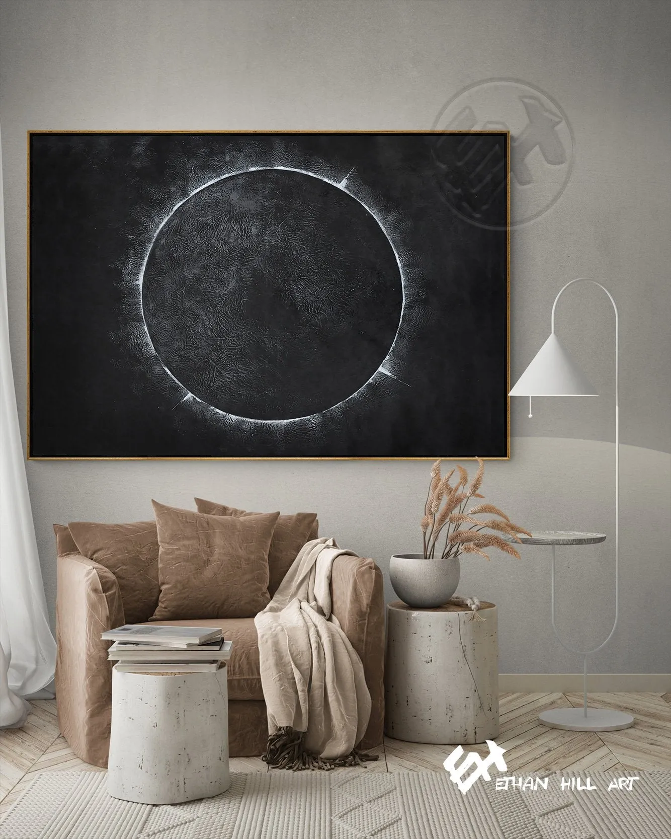 Horizontal Minimalist solar eclipse painting H13H