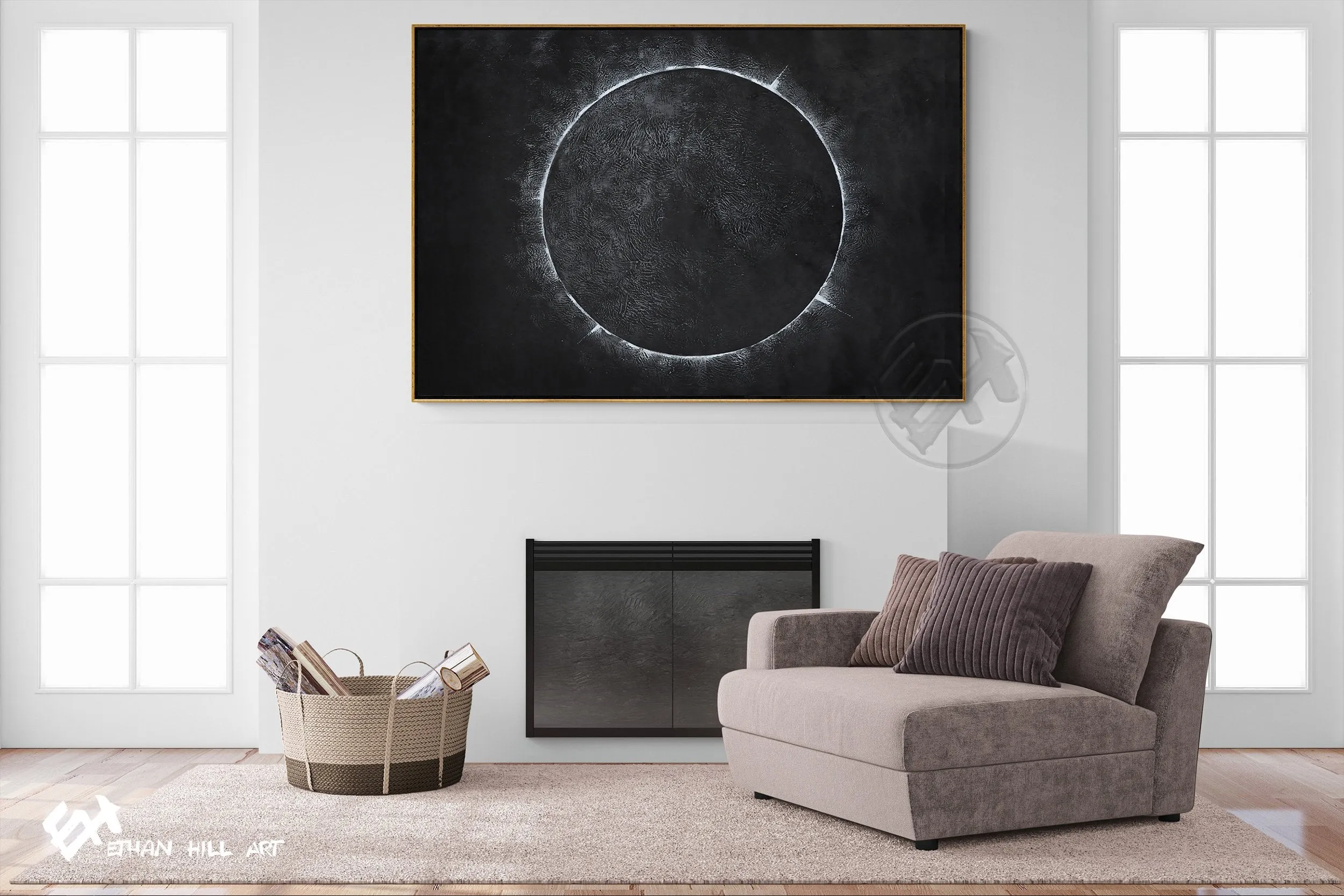 Horizontal Minimalist solar eclipse painting H13H