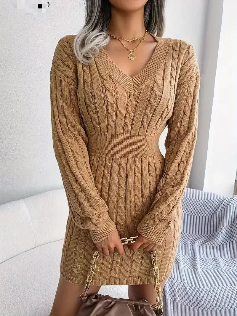 JazzHer Cable Knit V Neck Sweater Dress