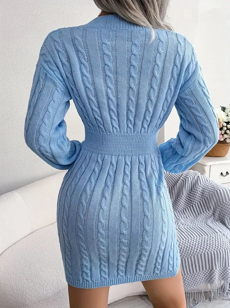 JazzHer Cable Knit V Neck Sweater Dress